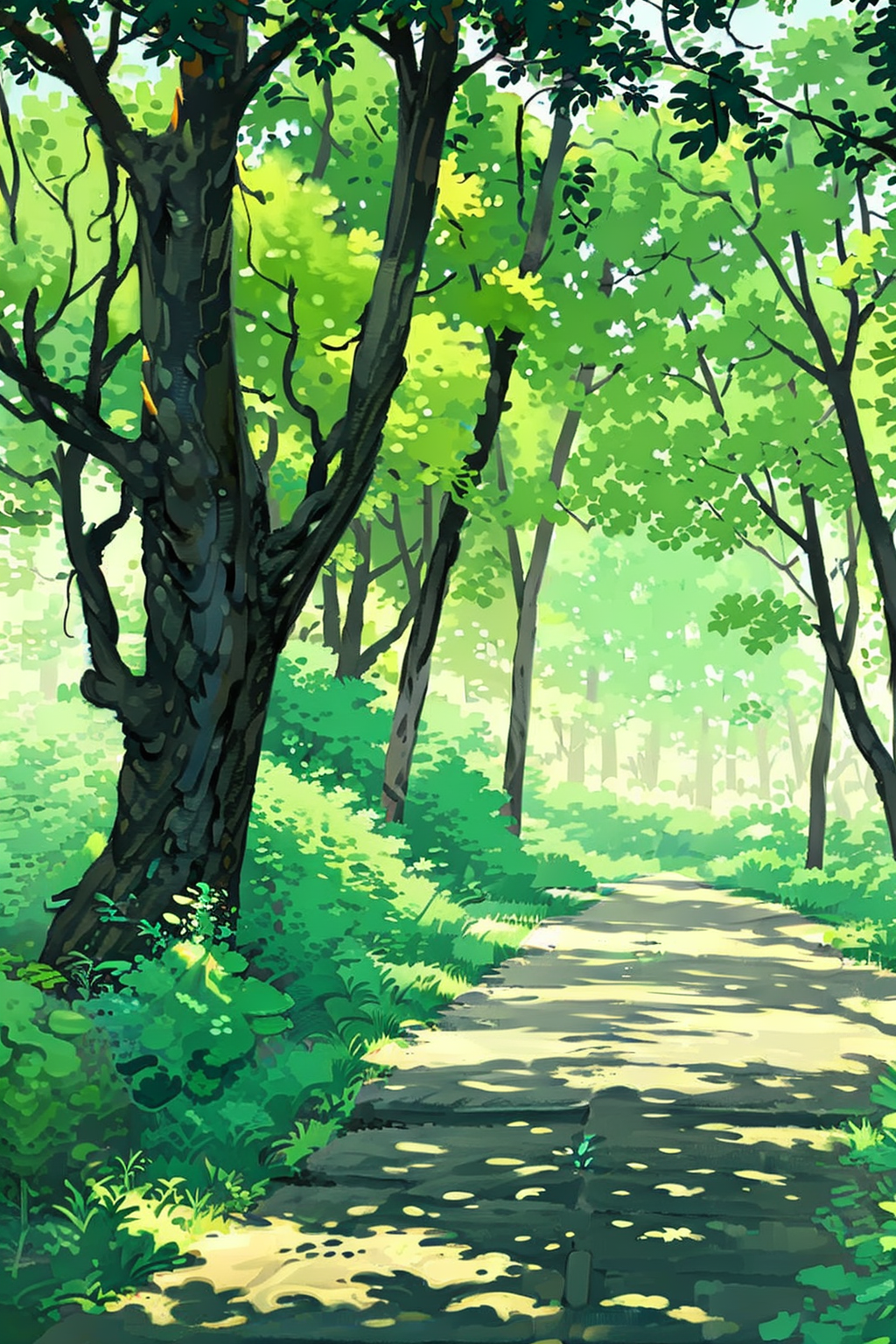 00732-3199471881-outdoors, tree, sign, road, scenery, road sign, nature, day, bag, forest, street, sunlight, 1girl, dappled sunlight, (illustrati.png
